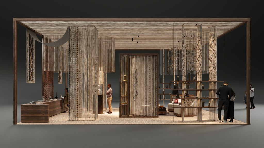 Bait Al Gahwa — pavilion with hanging bead curtains, timber frame and coffee display