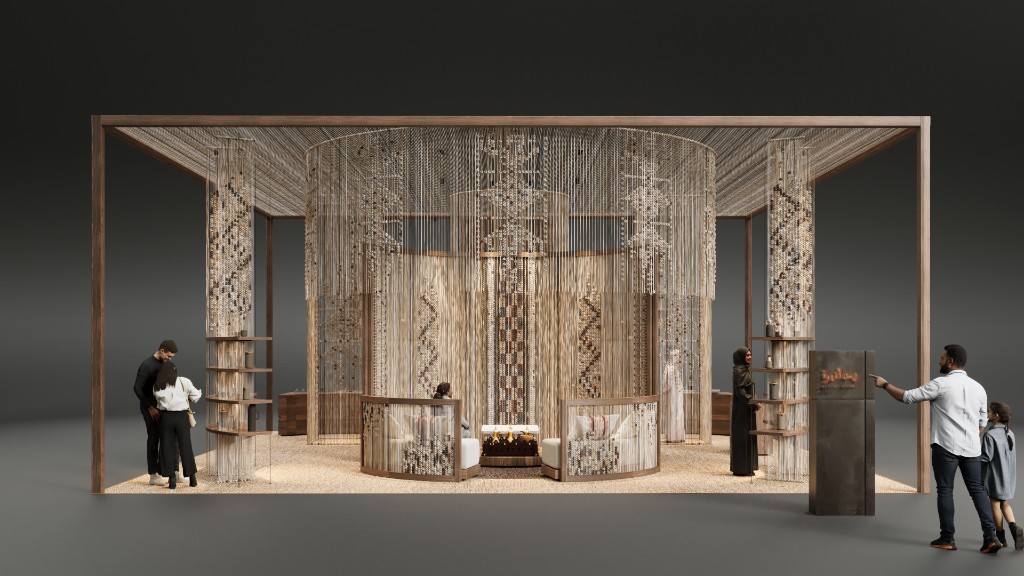Bait Al Gahwa — front view of the pavilion with visitors, bead curtains and central seating