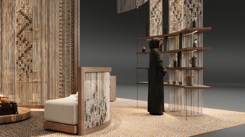 Bait Al Gahwa — visitor at the shelving display of coffee pots and cups