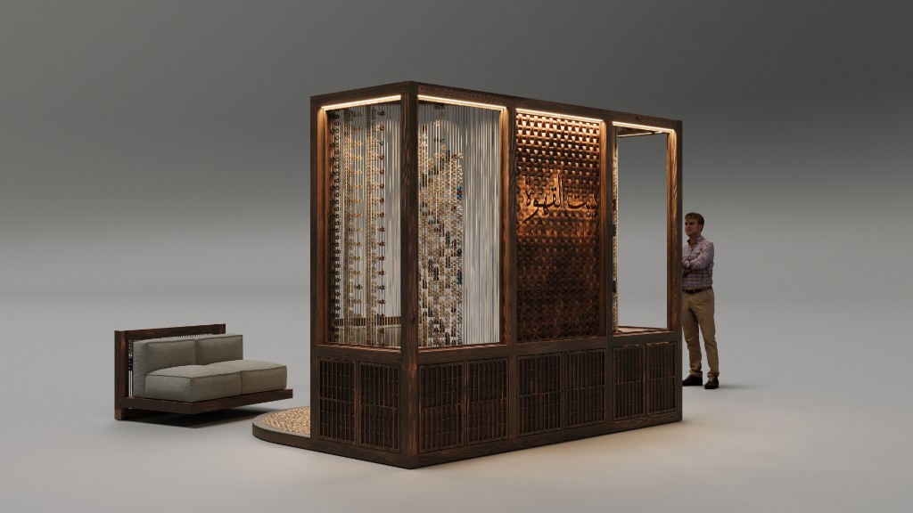 Bait Al Gahwa — compact travelling unit with Arabic calligraphy and bead panels