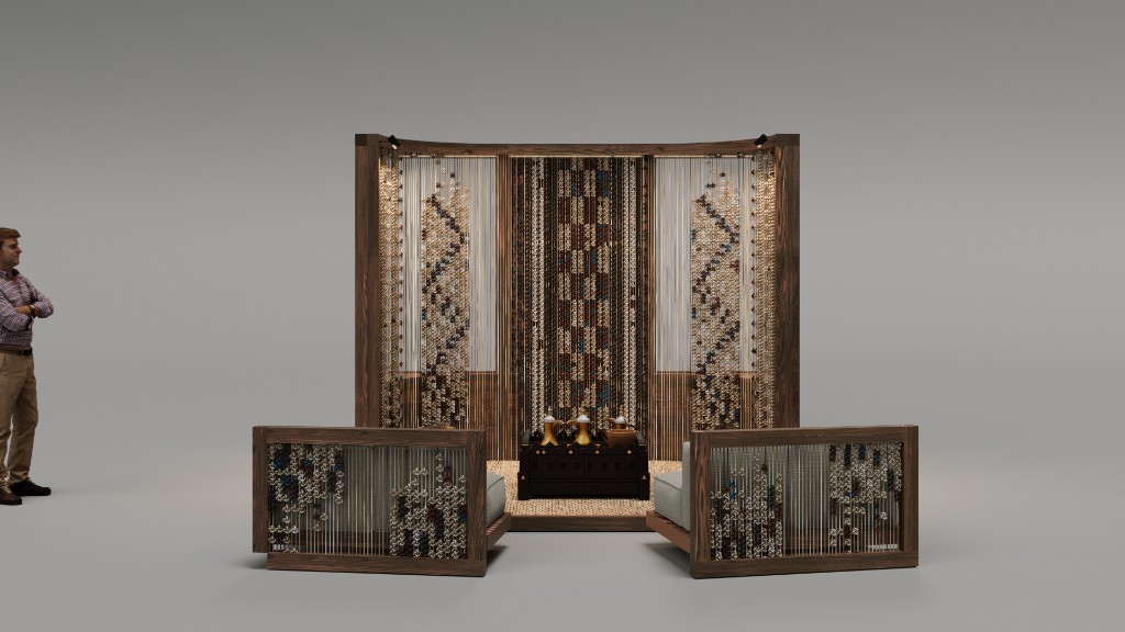 Bait Al Gahwa — majlis seating and coffee set in front of woven bead panels