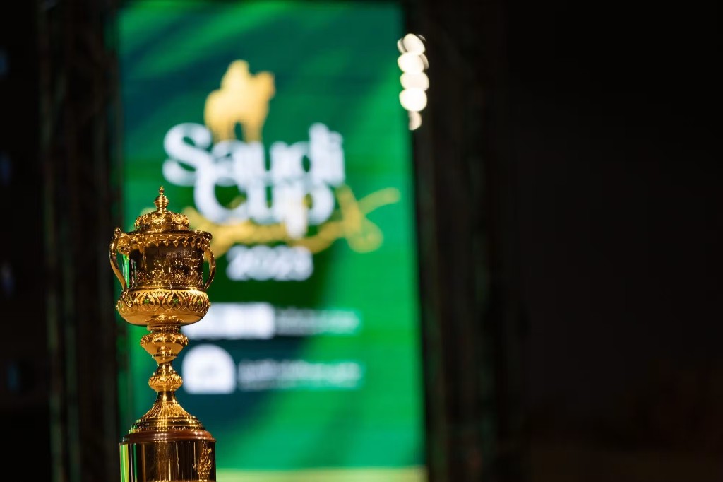 Saudi Cup — the trophy in front of the stage screen